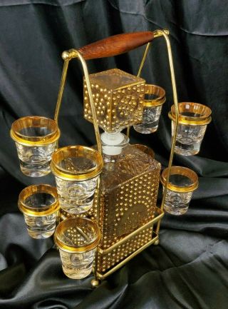 8 Glass Gold Rim Vintage Liquor Decanter Set W Caddy Mid Century Modern Hobknail