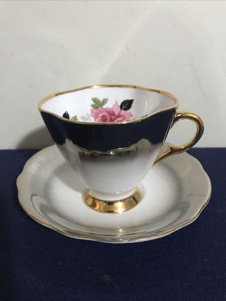 Rare Vintage WINDSOR Black & White Pink Rose Bone China Teacup & Saucer England 2