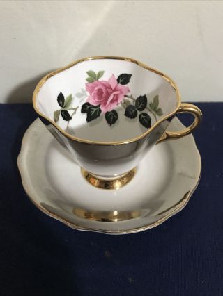 Rare Vintage WINDSOR Black & White Pink Rose Bone China Teacup & Saucer England 3