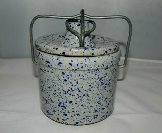 Vintage Stoneware Cheese Crock Grey & Blue Speckled Spatter Wire Bail Primitive