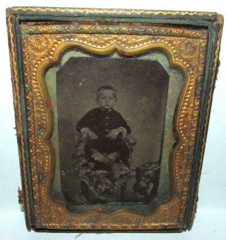 Antique Young Boy Tin Type Photo In 1/2 Of Gold Gilded Latch Frame Case
