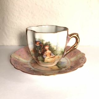 Vtg Mini Tea Cup Demitasse & Saucer Colonial Couple Scene Gold Trim