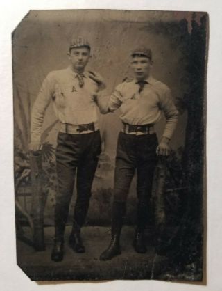 1880s Antique Baseball Tintype Players In Vintage Early Uniforms W - Striped Caps