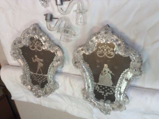 1920s Vintage Venetian Murano Glass Etched Floral Mirrors Italy Sconces Antique
