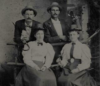 Tintype Photo T233 Group Of 4 Posing In Brimmed Hats W/ Walking Sticks