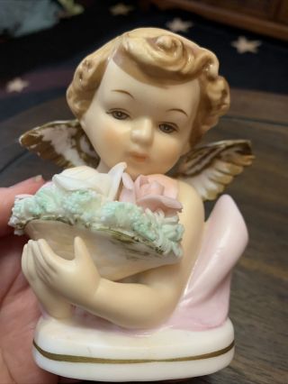 Vintage Japan Porcelain Bisque Angel Cherub Figurine With Rose’s