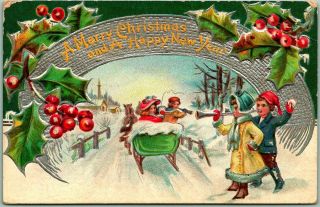 Vintage 1909 Christmas / Year Greetings Postcard Horse Sled / Snowball