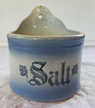 Blue & White Vintage Stoneware Salt Box Wall Mount Crock Very