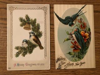 2 Vintage Happy Year - Merry Christmas Postcards Birds Embossed Germany
