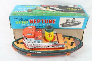Vintage Modern Toys Japan Battery Operated Tug Boat Neptune Metal Tin Toy W/ Box