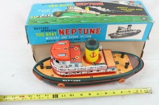 Vintage Modern Toys Japan Battery Operated Tug Boat Neptune Metal Tin Toy w/ Box 2