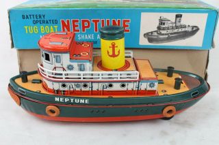 Vintage Modern Toys Japan Battery Operated Tug Boat Neptune Metal Tin Toy w/ Box 3