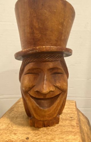 Vintage Hand Carved Wood Comical Man Face With Top Hat Pencil Holder Figurine 6”