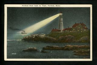 Maine Me Postcard Portland Head Light House At Night Vintage