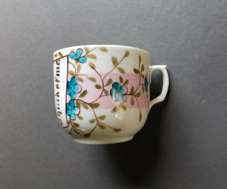 Antique Vintage Victorian Porcelain Mustache Cup Think Of Me Pink White Blue Flo