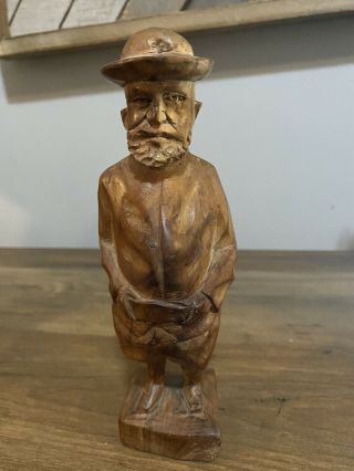Vintage Hand Carved Wooden Sculpture Figurine Old Man Folk Art Belt Beard Hat