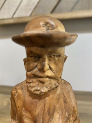 Vintage Hand Carved Wooden Sculpture Figurine Old Man Folk Art Belt Beard Hat 2