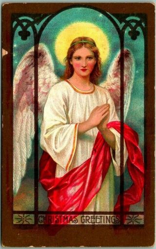 Vintage 1909 Christmas Greetings Embossed Postcard Angel Girl / Window Design