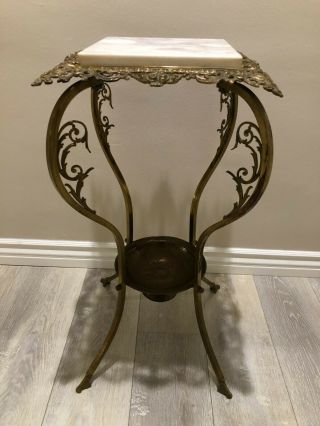 Vintage Victorian Brass & Marble Plant Stand W/copper Bowl,  30 " Tall,  14 1/2 " W