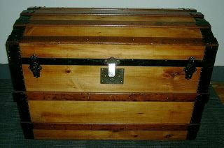 1880s Antique Steamer Trunk Flat Top Refinished Chest Trunk W/tray Lock & Key