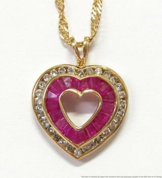 Vintage 1.  50ctw Natural Ruby Diamond Solid 10k Gold Heart Pendant W 14k Chain