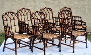 Vintage Mcguire Style Rattan Bamboo & Rawhide Chair Set 6