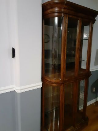 Vintage Walnut Wood And Glass Curved Display Cabinet With Lights