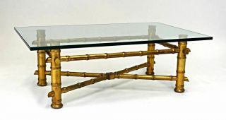 Faux Bamboo Hollywood Regency Mid Century Modern Glass Top Coffee Side End Table