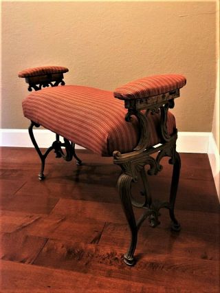 Large Antique Vintage Art Deco Cast Iron Vanity Bench Upholstered