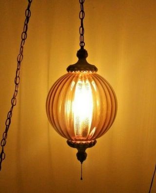 Vintage Mid Century Swag Hanging Amber Round Glass Globe Light Lamp W/ Chain