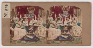 Genre Stereoview - A Group Of Ladies In Ball Gowns Gathered Around A Table