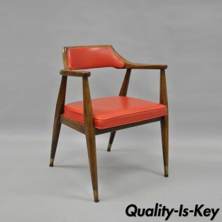 Jasper Chair Co Mid Century Modern Oak Wood Red Vinyl Desk Arm Chair Sculptural