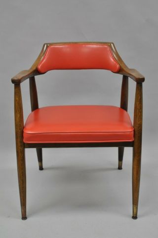 Jasper Chair Co Mid Century Modern Oak Wood Red Vinyl Desk Arm Chair Sculptural 3