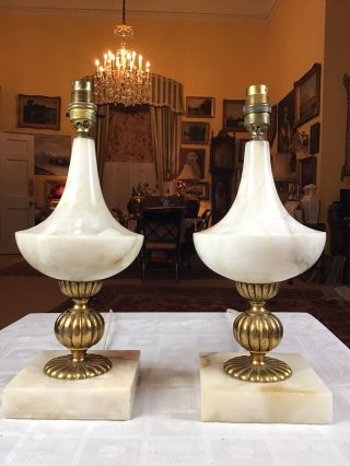 Glamourous Vintage 1970’s Hollywood Regency Pair Marble Gilt Bronze Urn Lamps
