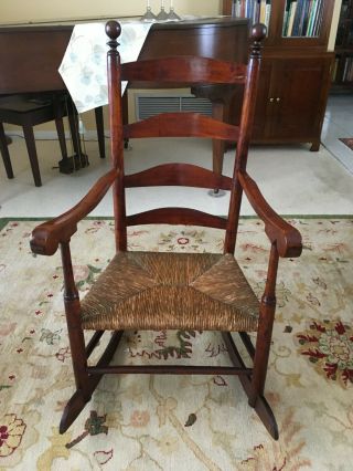 Antique 18th Century American Ladder Back Rush Seat Rocking Arm Chair