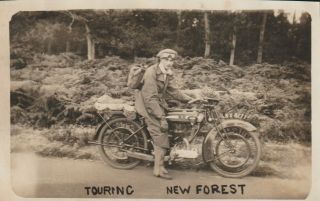 Young Man On Motorcycle Forest Tour,  1920s Postcard Format Photograph