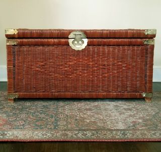 Vintage Wicker Chest Trunk Table,  Brass Hardware,  Boho Chic,  Asian Chinoiserie