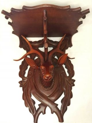 Antique Victorian Black Forest Walnut Carved Deer Stag Wall Clock Shelf