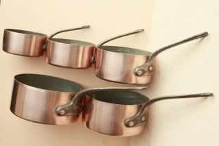 Heavy Vintage French Copper Saucepan Set Of 5 W Cast Iron Handles Tin Lined 11lb