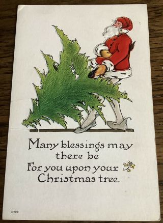 Vintage Christmas Postcard Odd Long Legged Santa Claus With Tree Embossed