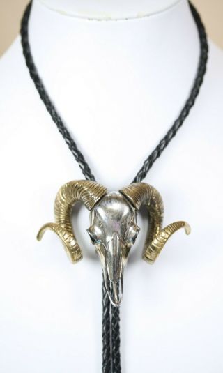 Vintage Solid Sterling Silver Rams Head Skull Big Horn Bolo Bola Tie Leather