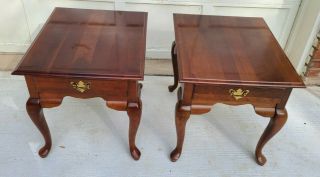 Vintage Broyhill End Tables With Drawer - Queen Anne Solid Cherry Wood