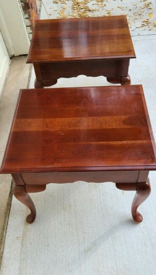 Vintage Broyhill End Tables with Drawer - Queen Anne Solid Cherry Wood 2