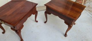 Vintage Broyhill End Tables with Drawer - Queen Anne Solid Cherry Wood 5