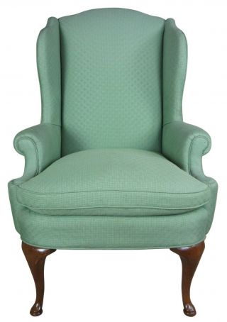 Vintage Queen Anne Green Wingback Arm Chair Library Reading Accent