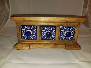 Wood Spice/trinket Box W/3 Hand - Painted Ceramic Drawers From India