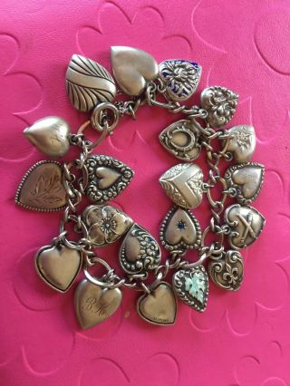Vtg Sterling Silver Puffy Heart 20 Charm Bracelet With Safety Chain Repousse