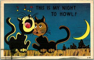 Vintage Animal Comic Postcard " This Is My Night To Howl " Cats On Fence 1944