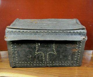 Antique Early 19th C.  English Brass Tack Studded Leather & Wood Stagecoach Trunk