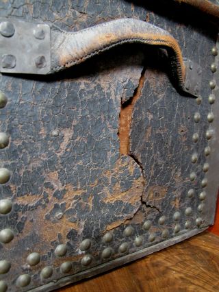 Antique Early 19th C.  English Brass Tack Studded Leather & Wood Stagecoach Trunk 4